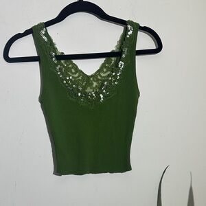 Panacea Cache Green Sequin Lace Crop Top